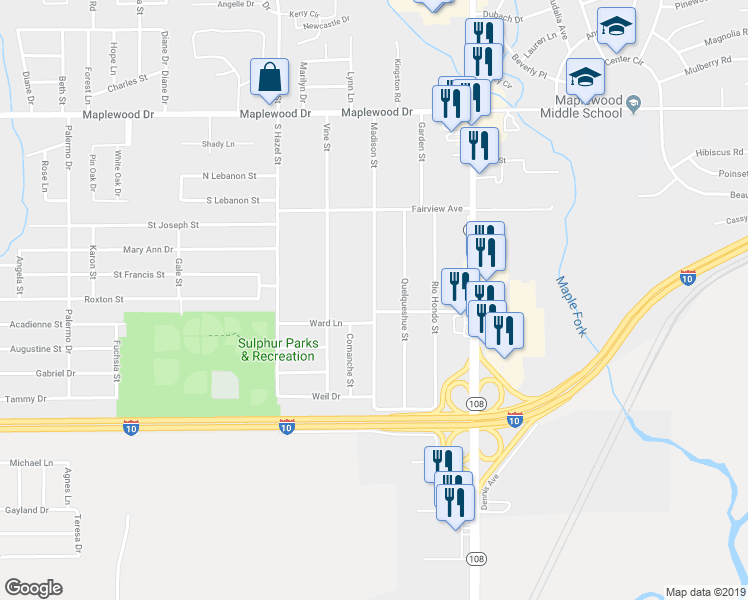 map of restaurants, bars, coffee shops, grocery stores, and more near 298 Madison Street in Sulphur