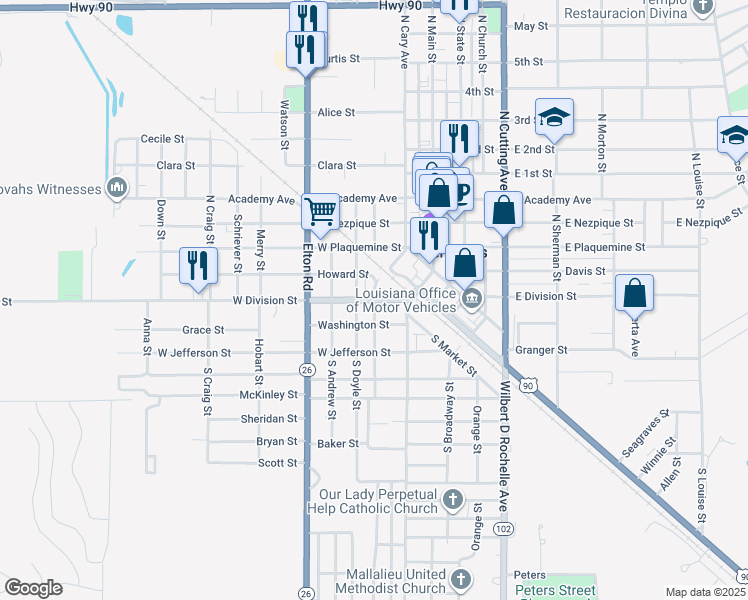 map of restaurants, bars, coffee shops, grocery stores, and more near 201 West Division Street in Jennings