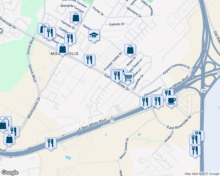 map of restaurants, bars, coffee shops, grocery stores, and more near 7208 Bertram Court in Austin