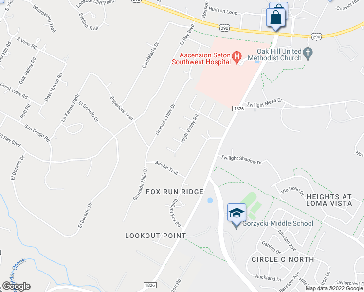 map of restaurants, bars, coffee shops, grocery stores, and more near 8811 High Valley Road in Austin