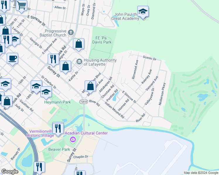 map of restaurants, bars, coffee shops, grocery stores, and more near 115 Choctaw Road in Lafayette