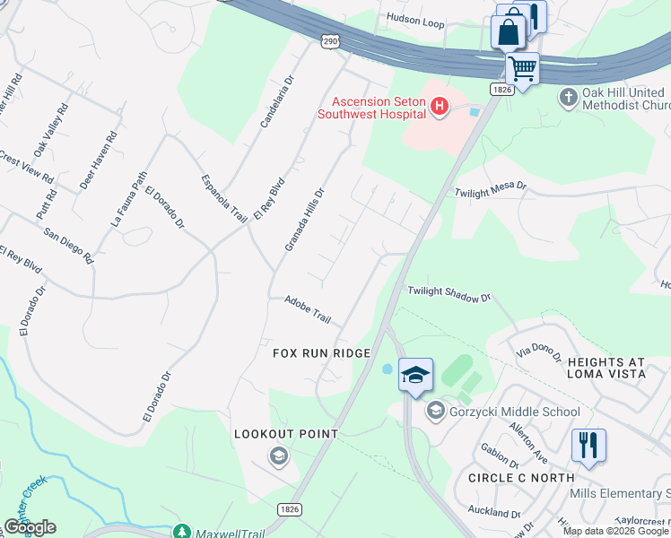 map of restaurants, bars, coffee shops, grocery stores, and more near 8811 High Valley Road in Austin