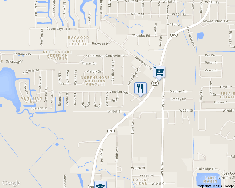 map of restaurants, bars, coffee shops, grocery stores, and more near 3931 Pisa Drive in Panama City