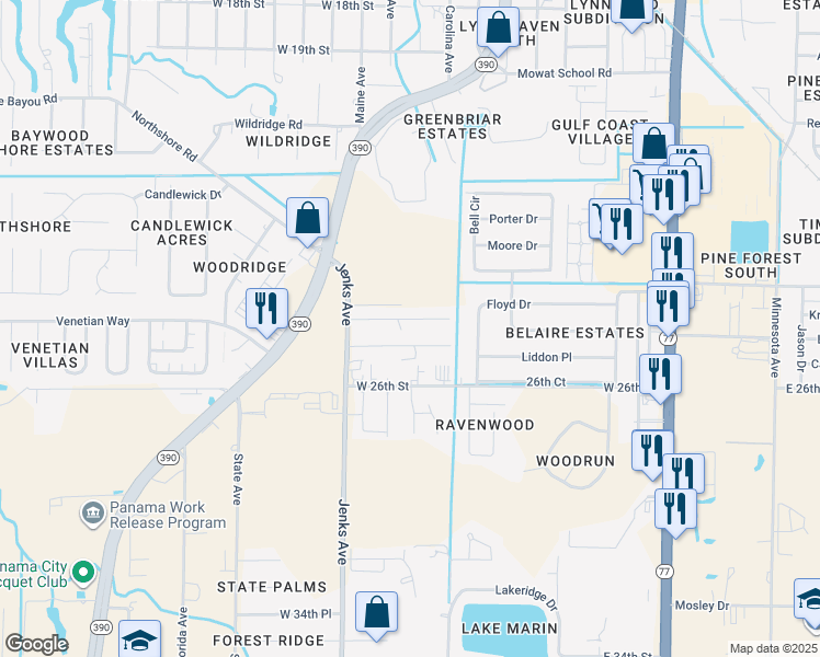 map of restaurants, bars, coffee shops, grocery stores, and more near 913 Bradford Circle in Lynn Haven