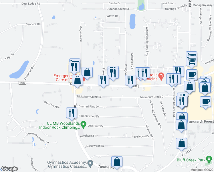 map of restaurants, bars, coffee shops, grocery stores, and more near 7307 Farm to Market Road 1488 in Magnolia