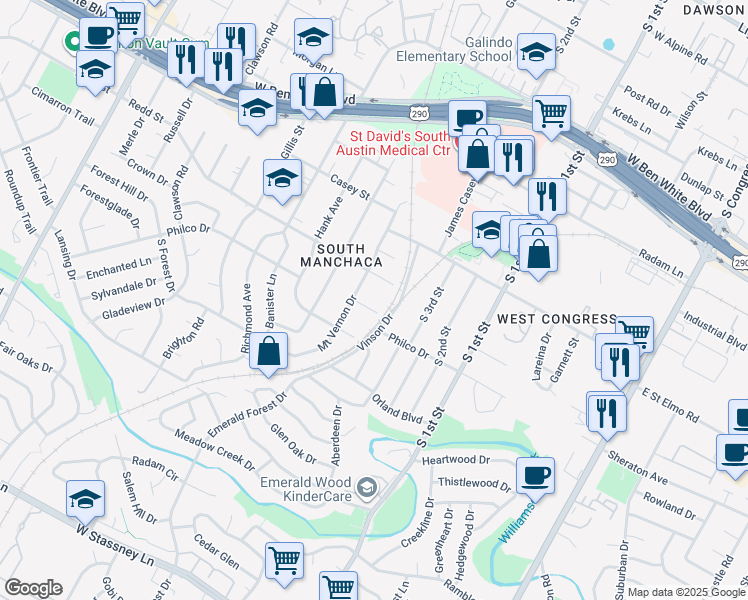 map of restaurants, bars, coffee shops, grocery stores, and more near 908 Philco Drive in Austin