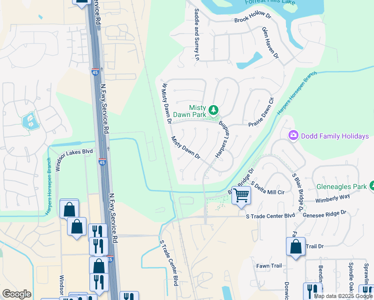 map of restaurants, bars, coffee shops, grocery stores, and more near Misty Dawn Drive in Conroe