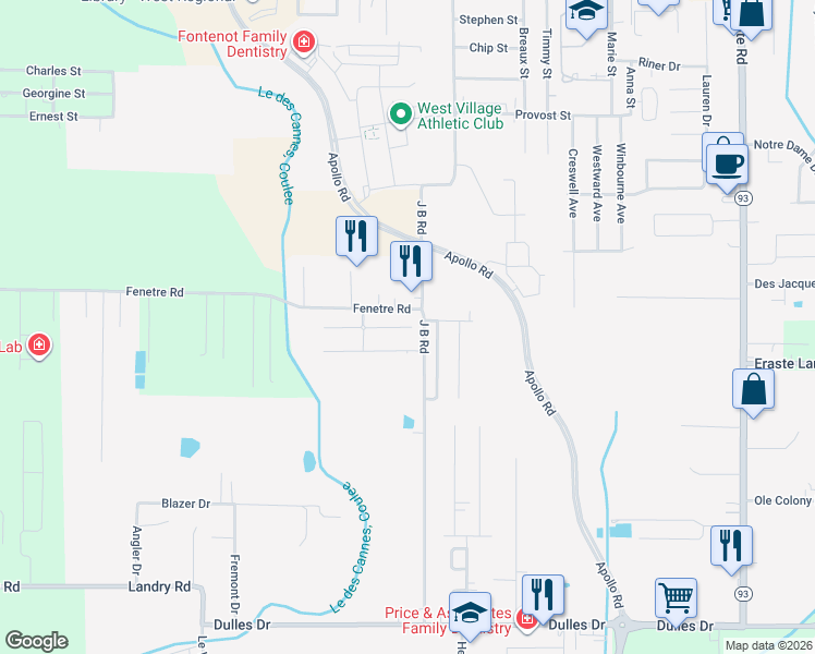 map of restaurants, bars, coffee shops, grocery stores, and more near 110 Gena Marie Drive in Lafayette