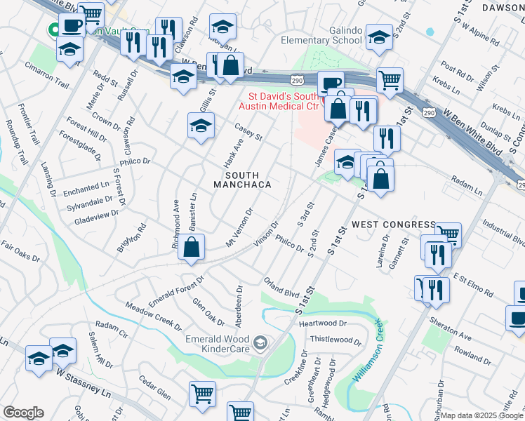 map of restaurants, bars, coffee shops, grocery stores, and more near 908 Philco Drive in Austin