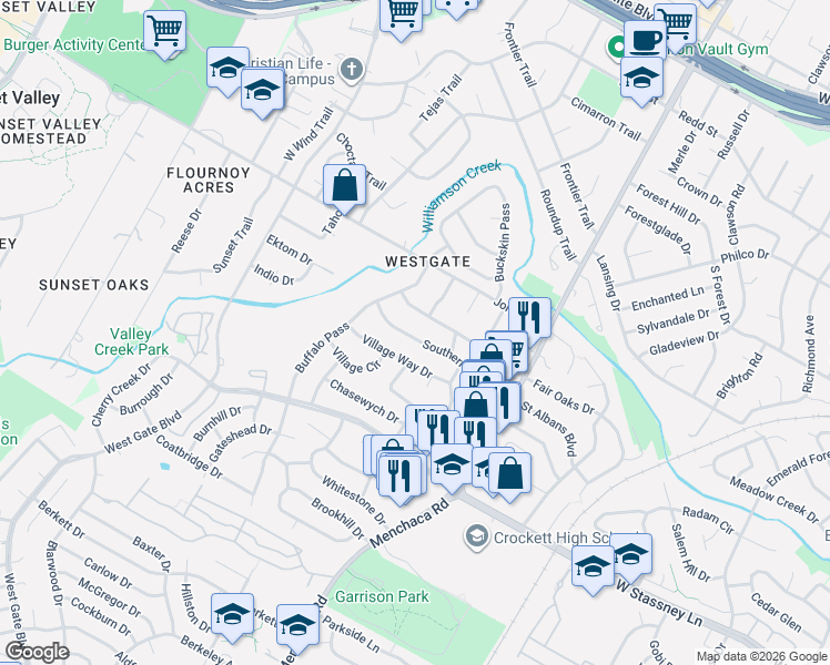 map of restaurants, bars, coffee shops, grocery stores, and more near 2300 Southern Oaks Drive in Austin
