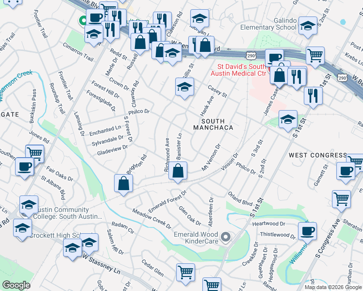 map of restaurants, bars, coffee shops, grocery stores, and more near 4610 Hank Avenue in Austin