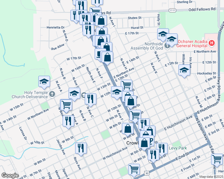 map of restaurants, bars, coffee shops, grocery stores, and more near 114 West 12th Street in Crowley