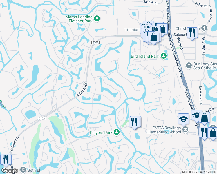 map of restaurants, bars, coffee shops, grocery stores, and more near 1187 Salt Marsh Circle in Ponte Vedra Beach
