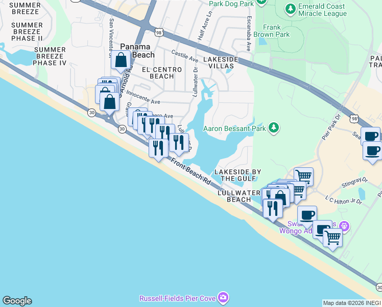 map of restaurants, bars, coffee shops, grocery stores, and more near 281 East Lullwater Drive in Panama City Beach