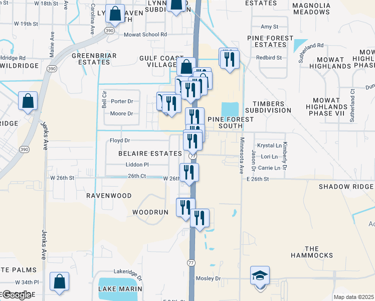 map of restaurants, bars, coffee shops, grocery stores, and more near 2424 Florida 77 in Lynn Haven