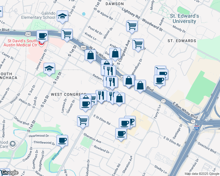 map of restaurants, bars, coffee shops, grocery stores, and more near 4201 South Congress Avenue in Austin