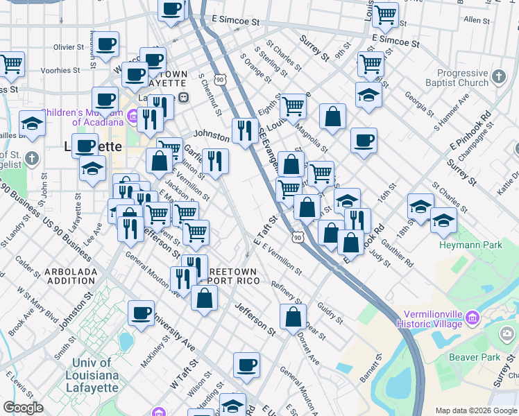 map of restaurants, bars, coffee shops, grocery stores, and more near 1016 Southwest Evangeline Thruway in Lafayette