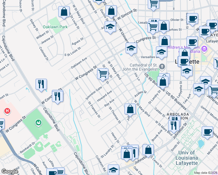 map of restaurants, bars, coffee shops, grocery stores, and more near 517 Saint Joseph Street in Lafayette