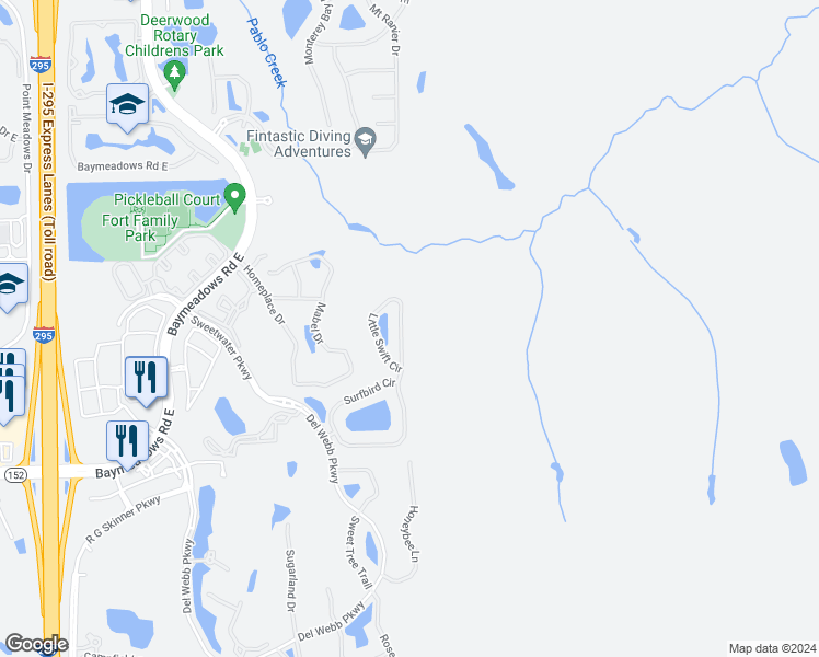 map of restaurants, bars, coffee shops, grocery stores, and more near 8701 Little Swift Circle in Jacksonville