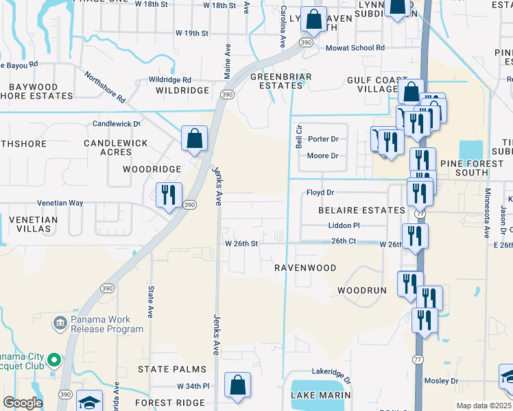 map of restaurants, bars, coffee shops, grocery stores, and more near 913 Bradford Circle in Lynn Haven