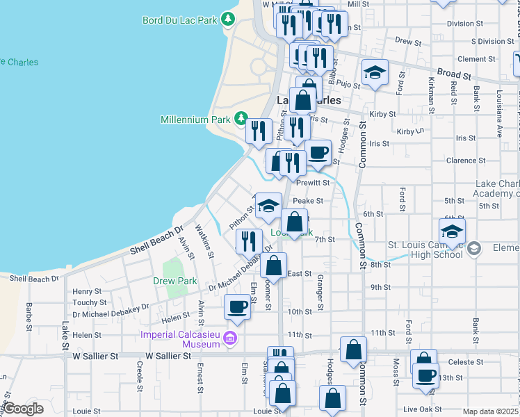 map of restaurants, bars, coffee shops, grocery stores, and more near 115 Park Avenue in Lake Charles