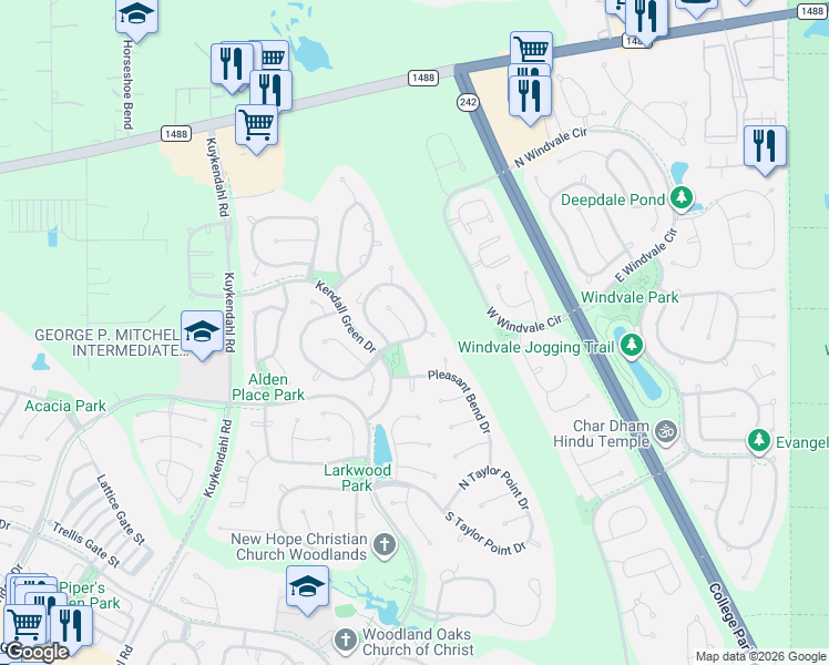map of restaurants, bars, coffee shops, grocery stores, and more near 5 Sandalbranch Drive in Spring