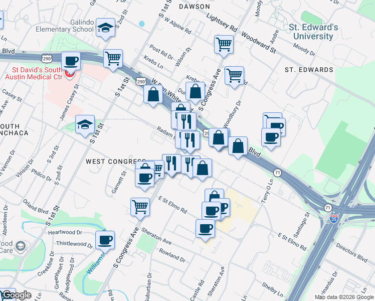 map of restaurants, bars, coffee shops, grocery stores, and more near 4201 South Congress Avenue in Austin
