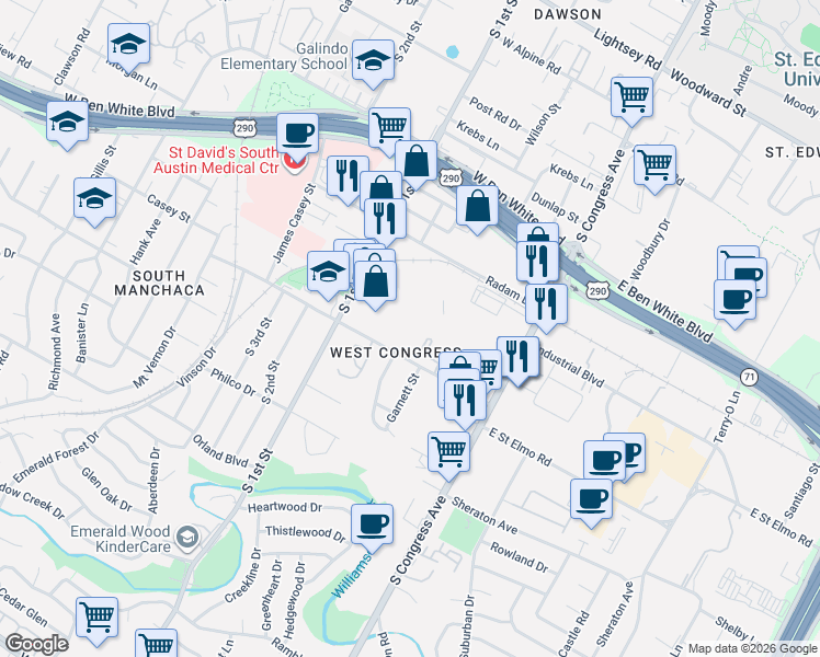 map of restaurants, bars, coffee shops, grocery stores, and more near 1820 West Stassney Lane in Austin