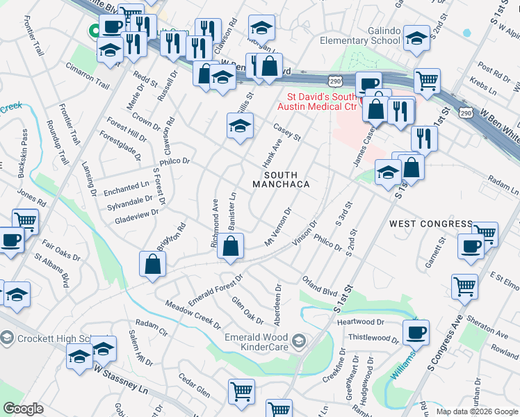 map of restaurants, bars, coffee shops, grocery stores, and more near 4605 Jinx Avenue in Austin