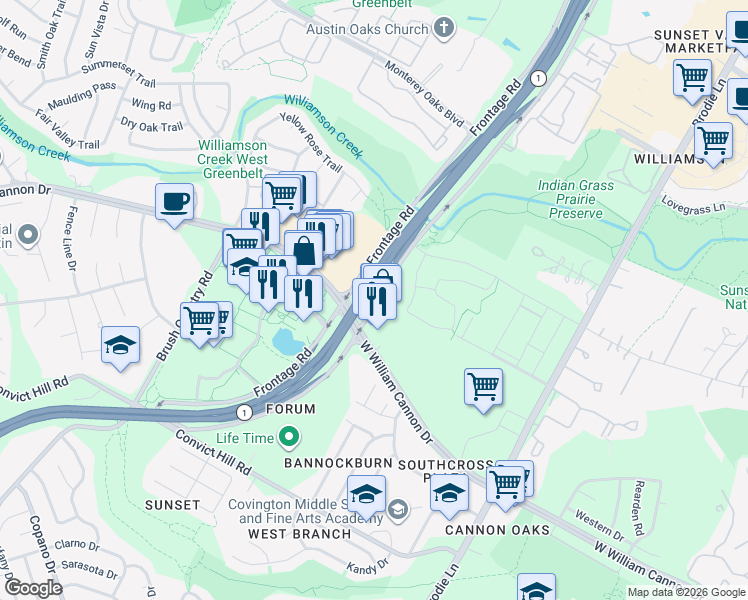 map of restaurants, bars, coffee shops, grocery stores, and more near 5701 South MoPac Expressway in Austin