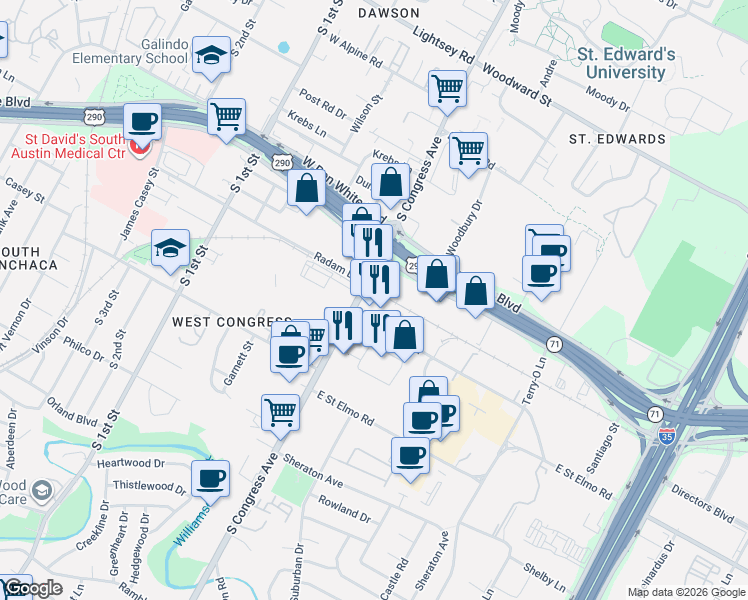 map of restaurants, bars, coffee shops, grocery stores, and more near 4201 South Congress Avenue in Austin