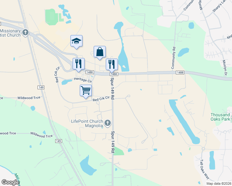 map of restaurants, bars, coffee shops, grocery stores, and more near 13397 Farm to Market Road 1488 in Magnolia