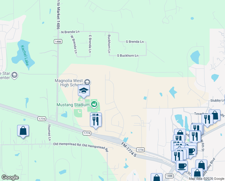 map of restaurants, bars, coffee shops, grocery stores, and more near Unnamed Road in Magnolia