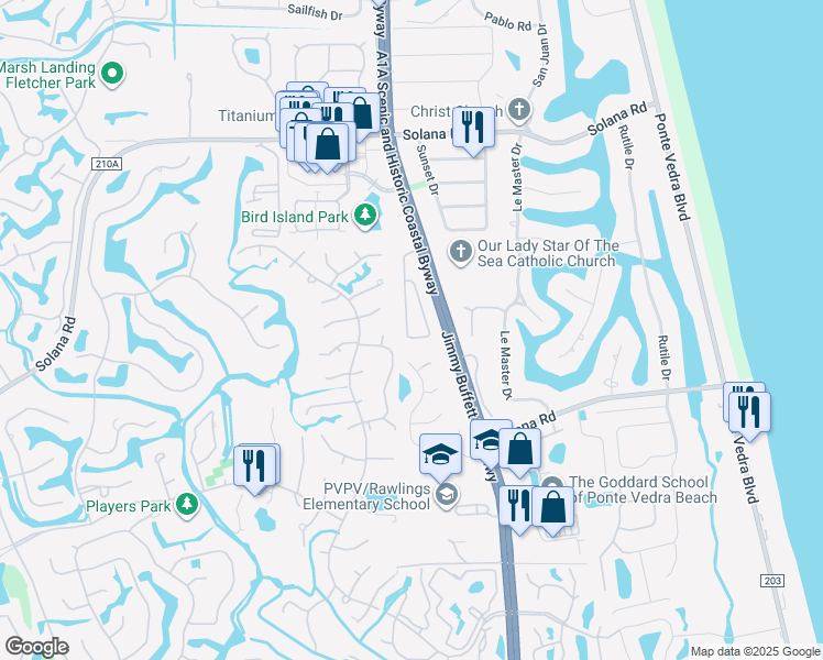 map of restaurants, bars, coffee shops, grocery stores, and more near 557 Robles Lane in Ponte Vedra Beach