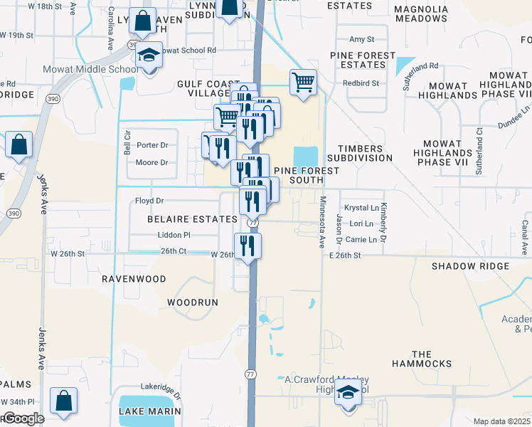map of restaurants, bars, coffee shops, grocery stores, and more near 2409 Florida 77 in Lynn Haven