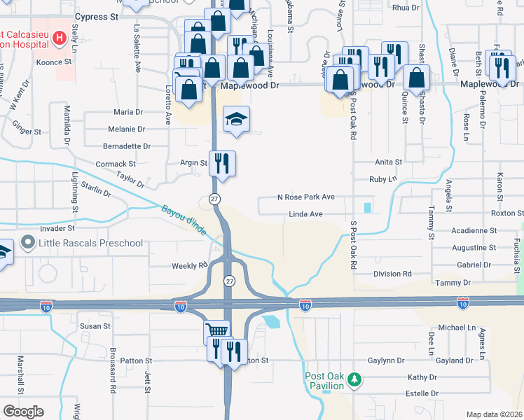map of restaurants, bars, coffee shops, grocery stores, and more near 1900 Linda Avenue in Sulphur
