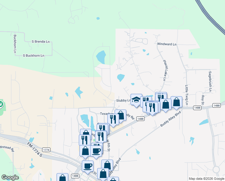 map of restaurants, bars, coffee shops, grocery stores, and more near 222 Stubby Lane in Magnolia