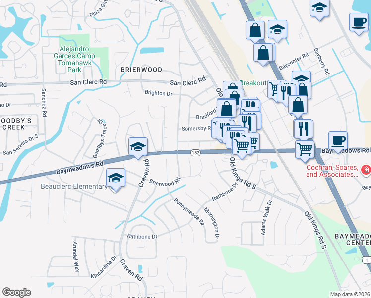 map of restaurants, bars, coffee shops, grocery stores, and more near in Jacksonville