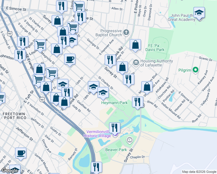 map of restaurants, bars, coffee shops, grocery stores, and more near 130 Lilly Street in Lafayette