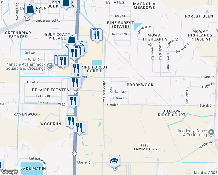 map of restaurants, bars, coffee shops, grocery stores, and more near 2412 Jason Drive in Lynn Haven
