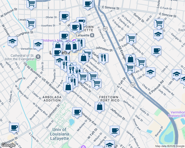 map of restaurants, bars, coffee shops, grocery stores, and more near 510 East Main Street in Lafayette