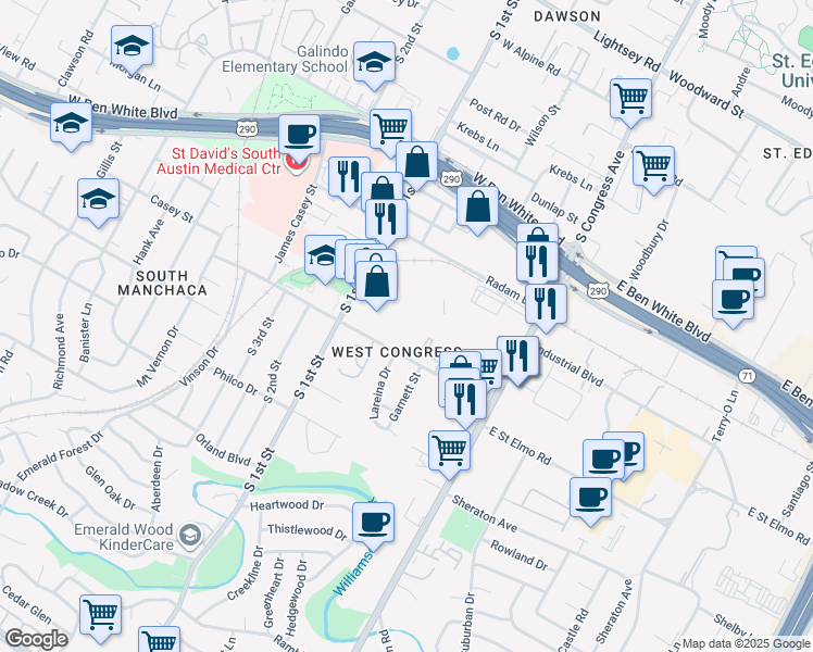 map of restaurants, bars, coffee shops, grocery stores, and more near 400 West Saint Elmo Road in Austin