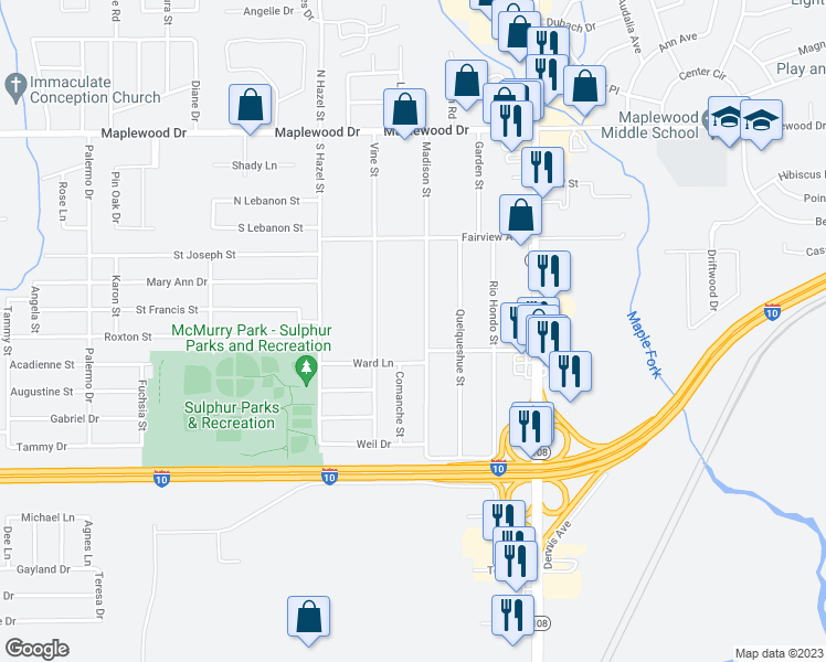 map of restaurants, bars, coffee shops, grocery stores, and more near 226 Madison Street in Sulphur