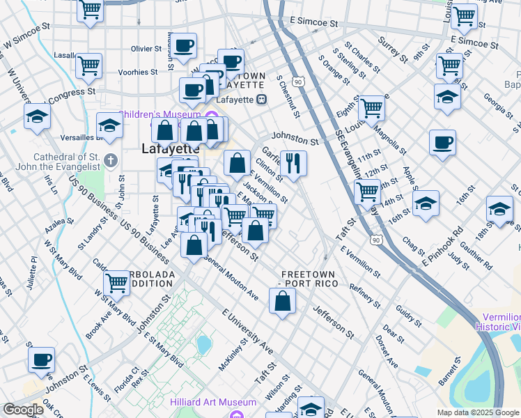 map of restaurants, bars, coffee shops, grocery stores, and more near 505 East Main Street in Lafayette