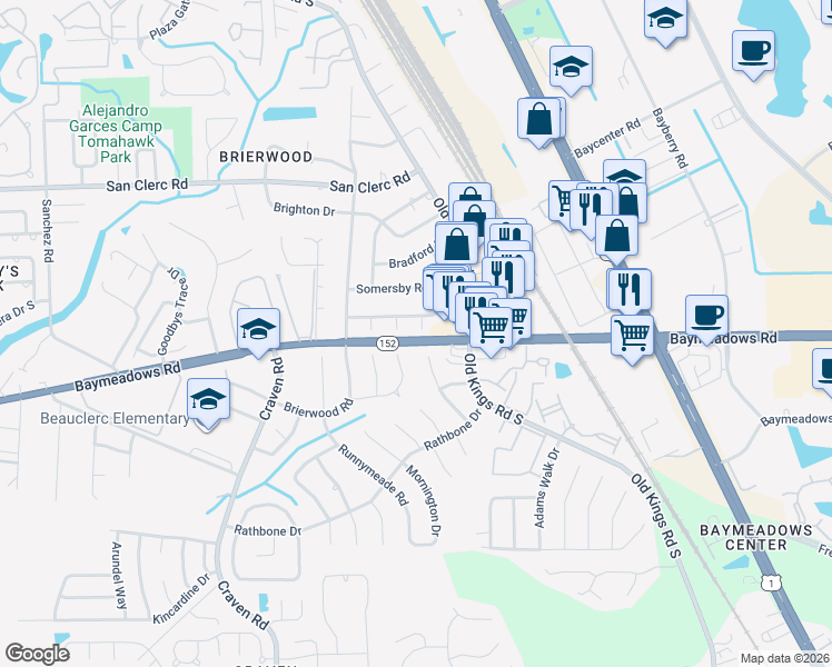 map of restaurants, bars, coffee shops, grocery stores, and more near 8803 Yorkshire Court in Jacksonville