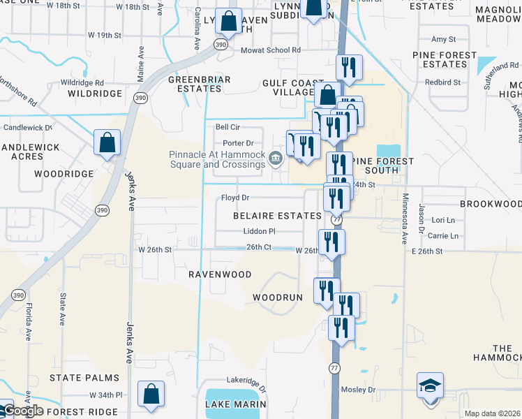 map of restaurants, bars, coffee shops, grocery stores, and more near 319 Alexander Drive in Lynn Haven