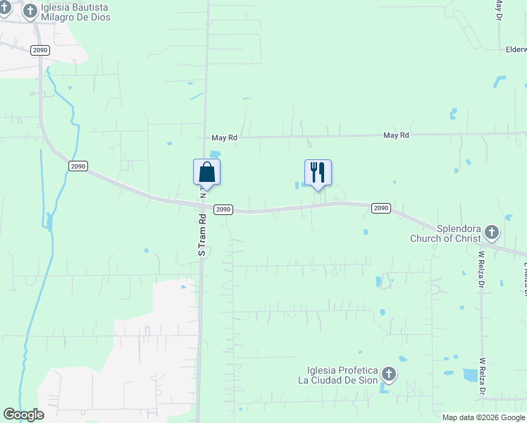 map of restaurants, bars, coffee shops, grocery stores, and more near 27616 Farm to Market Road 2090 in Splendora