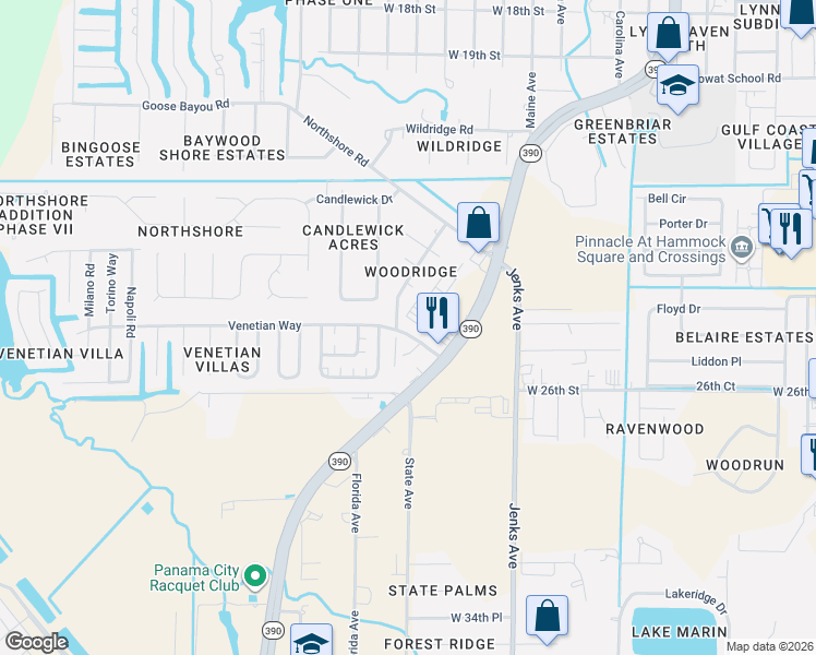 map of restaurants, bars, coffee shops, grocery stores, and more near 415 Venetian Way in Panama City