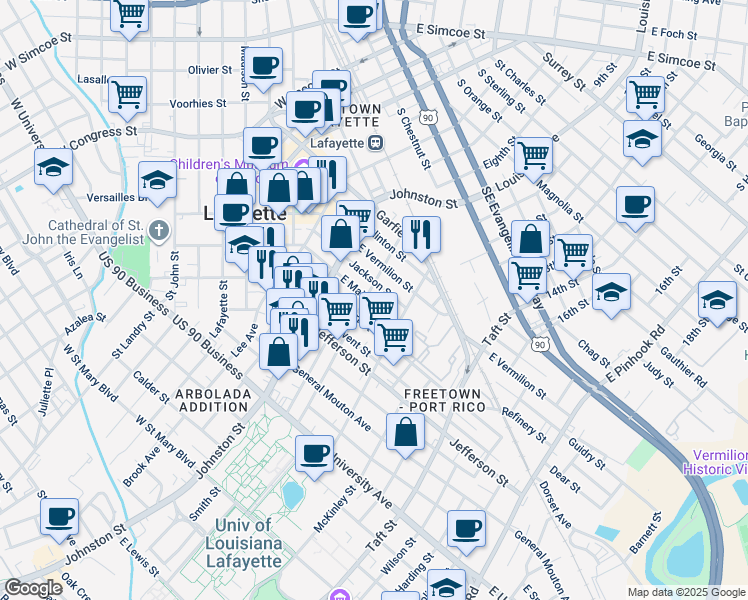 map of restaurants, bars, coffee shops, grocery stores, and more near 505 East Main Street in Lafayette