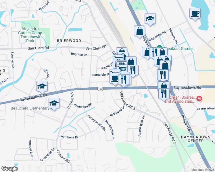 map of restaurants, bars, coffee shops, grocery stores, and more near 8803 Yorkshire Court in Jacksonville